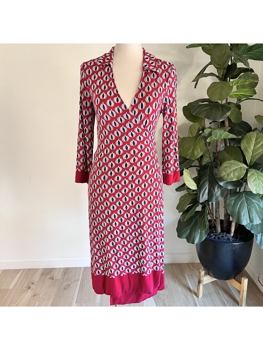 Boden Jersey Midi Dress Sz 6 Long Sleeve Front Wrap Mid MCM Retro Anthropologie
